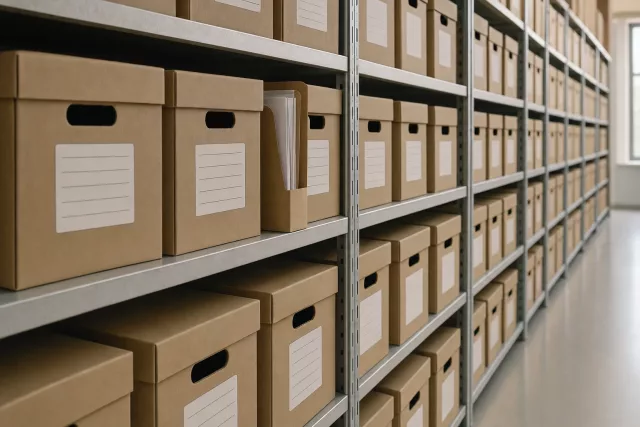 Rangées de boîtes d’archives sur étagères métalliques en perspective fuyante, dans une ambiance de rétention documentaire liée au calendrier de la facturation électronique 2026-2027.