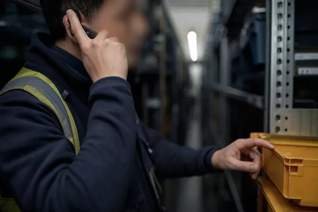 Gros plan d’un préparateur en voice-picking de nuit dans une allée étroite, casque à la main et doigt posé sur un bac étiqueté, illustrant le choix d’un logiciel WMS.