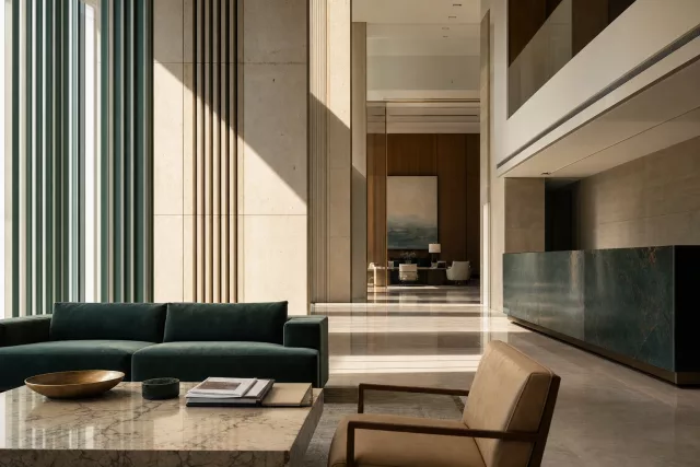 Intérieur institutionnel moderne et épuré avec grandes lames de verre et surfaces en pierre, baigné d’une lumière géométrique, évoquant la conformité fiscale et l’e-reporting.