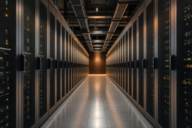 Allée froide d’un data center avec rangées de baies serveurs en perspective symétrique, illustrant l’infrastructure d’échange B2B au cœur de l’EDI et de la digitalisation des flux.