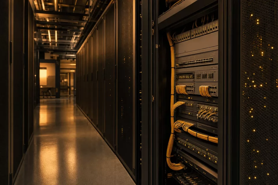 Couloir de salle serveurs en lumière chaude, avec baies informatiques et un détail discret évoquant le routage EDI, pour illustrer les formats et normes EDI.