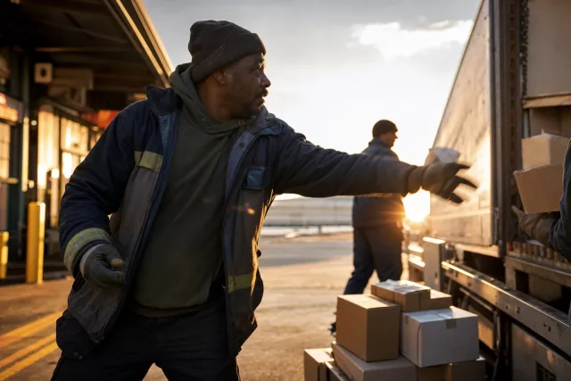 Sur un quai de chargement au soleil couchant, un agent logistique coordonne la remise de marchandises, illustrant l’orchestration d’un OMS dans une chaîne omnicanale.