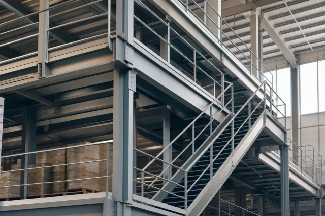 Détail architectural en contre-plongée d’une mezzanine logistique multi-niveaux en acier, illustrant l’ordre et la maîtrise des volumes liés au calcul du stock de sécurité et au réapprovisionnement.