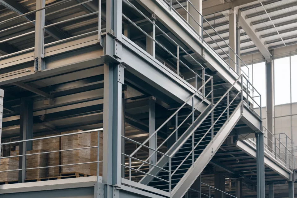 Détail architectural en contre-plongée d’une mezzanine logistique multi-niveaux en acier, illustrant l’ordre et la maîtrise des volumes liés au calcul du stock de sécurité et au réapprovisionnement.