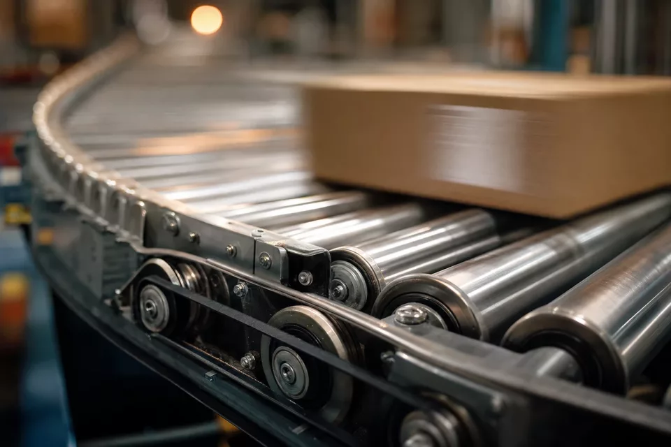 Détail macro d’un convoyeur à rouleaux en mouvement dans un centre de préparation, illustrant la circulation du stock unifié entre les différents canaux et points d’exécution.