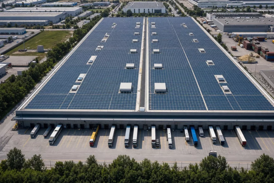 Vue aérienne d’un grand entrepôt dont le toit est couvert de panneaux solaires, avec une cour logistique en contrebas, illustrant une supply chain collaborative et durable.