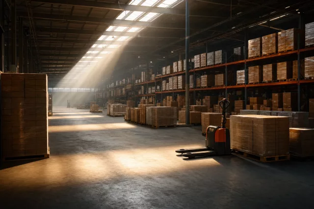 Rais de lumière traversant un grand entrepôt et éclairant des palettes rangées, en écho au pilotage du scope 3 logistique et à la supply chain durable.