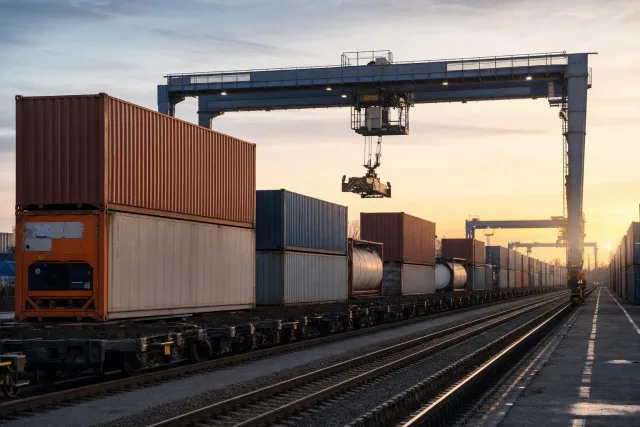 Terminal ferroviaire de fret intermodal à l’aube avec conteneurs sur wagons et portique, illustrant une supply chain résiliente fondée sur la coordination des flux.