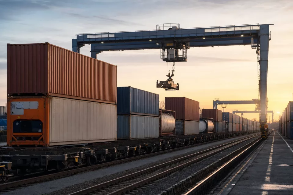 Terminal ferroviaire de fret intermodal à l’aube avec conteneurs sur wagons et portique, illustrant une supply chain résiliente fondée sur la coordination des flux.