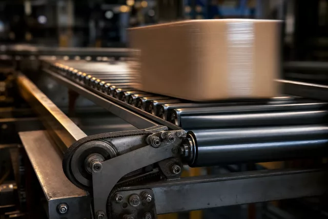 Gros plan d’un convoyeur à rouleaux en mouvement dans un centre de préparation, illustrant la rotation et la couverture de stock dans une logique d’exécution logistique.