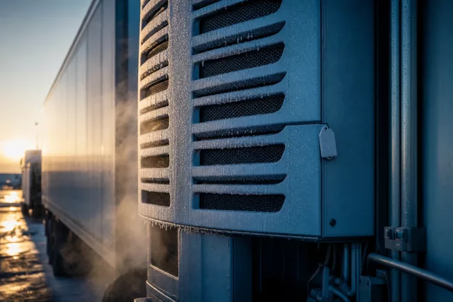 Gros plan éditorial sur l’unité de froid d’une semi-remorque frigorifique au crépuscule, avec givre et condensation, illustrant un TMS pour commissionnaire de transport et le suivi des flux affrétés.