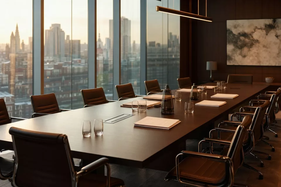 Salle de réunion finance moderne et vide, baignée d’une lumière chaude de fin de journée, illustrant la réforme ViDA et ses impacts sur la conformité TVA des entreprises.
