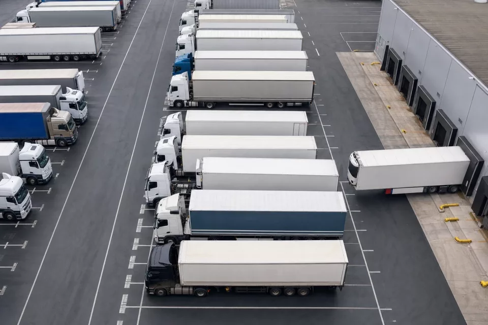 Vue aérienne éditoriale d’une flotte de poids lourds stationnés en cour, en trame régulière, illustrant un YMS pour fluidifier la gestion des quais et des flux logistiques.