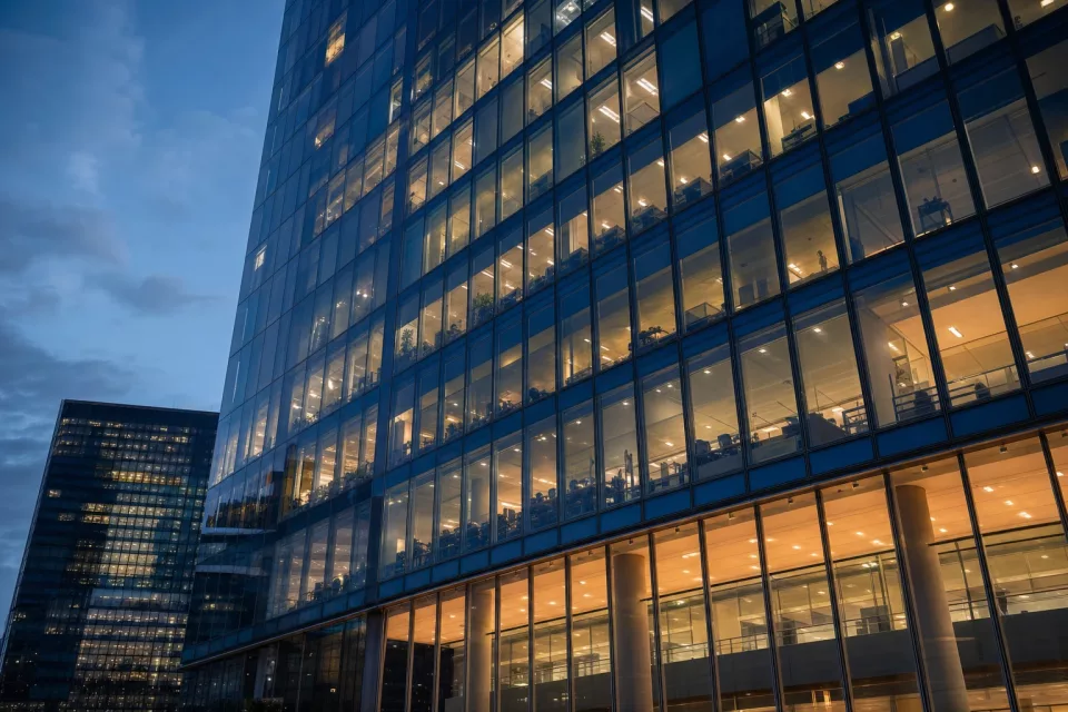 Façade d’une tour de bureaux en verre au crépuscule dans un quartier d’affaires, illustrant la fiabilisation des données d’adressage pour l’annuaire de la facturation électronique.