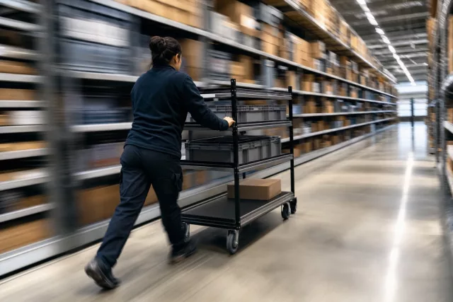 Un préparateur pousse un chariot de picking dans une allée d’entrepôt, avec un colis lié au click & collect, dans une scène réaliste et dynamique de logistique omnicanale.