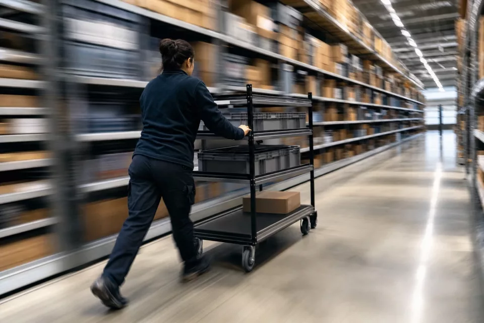 Un préparateur pousse un chariot de picking dans une allée d’entrepôt, avec un colis lié au click & collect, dans une scène réaliste et dynamique de logistique omnicanale.