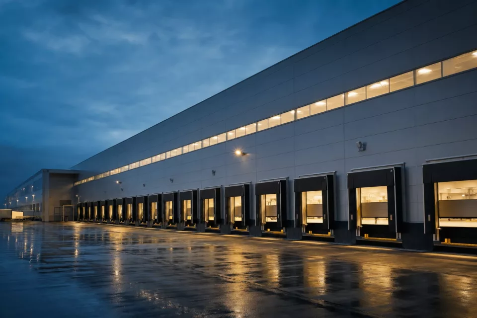 Façade moderne d’un grand centre de distribution au crépuscule, avec quais éclairés, illustrant le calcul du coût d’une rupture de stock.