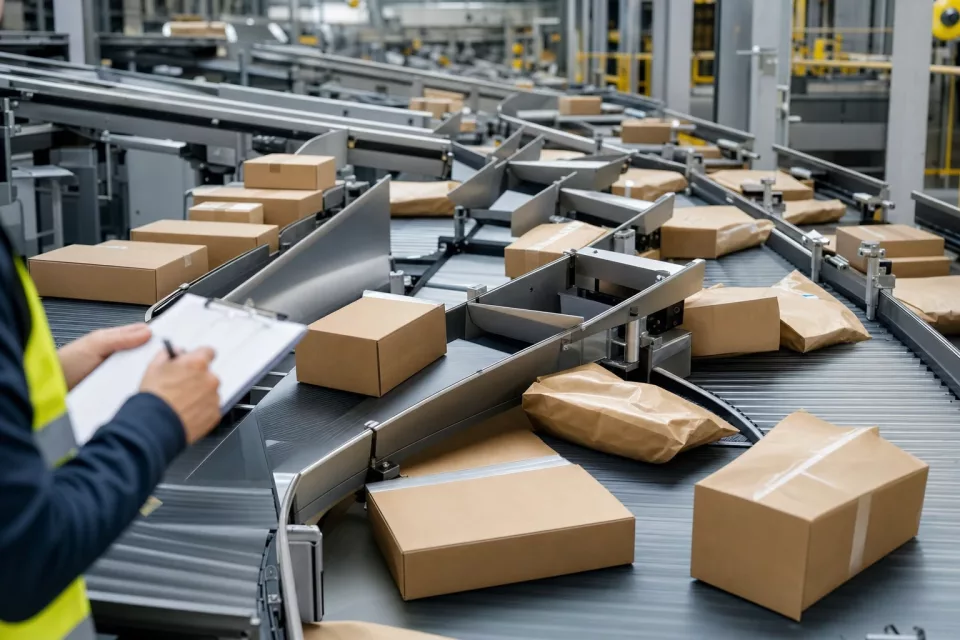 Des colis e-commerce et des sacs kraft circulent sur un trieur en entrepôt, illustrant le pilotage de la productivité des équipes avec un labor management system.