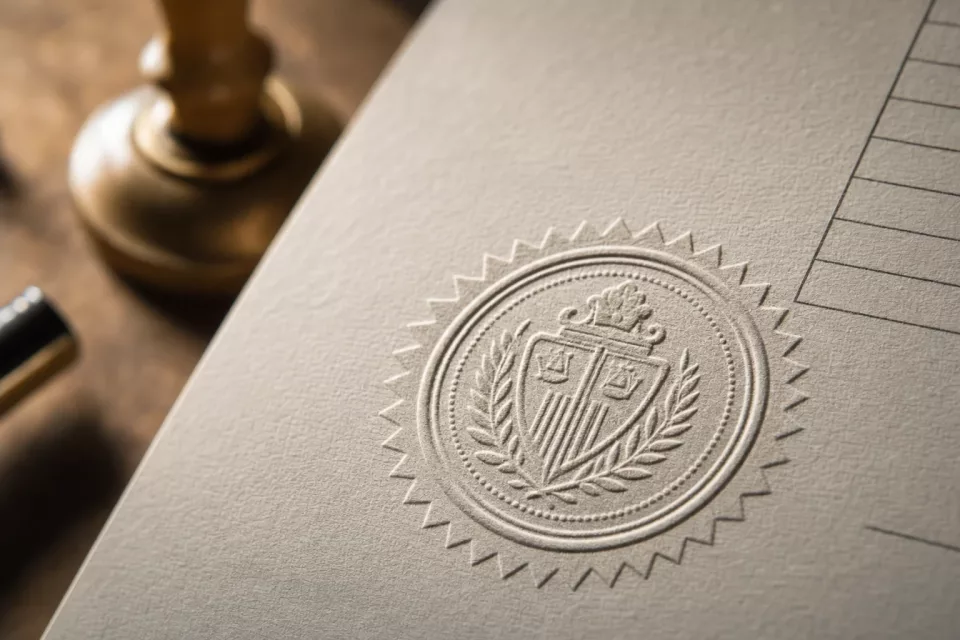 Macro d’un sceau officiel en relief pressé sur du papier épais, évoquant la conformité de la facture électronique et la checklist ERP champ par champ.