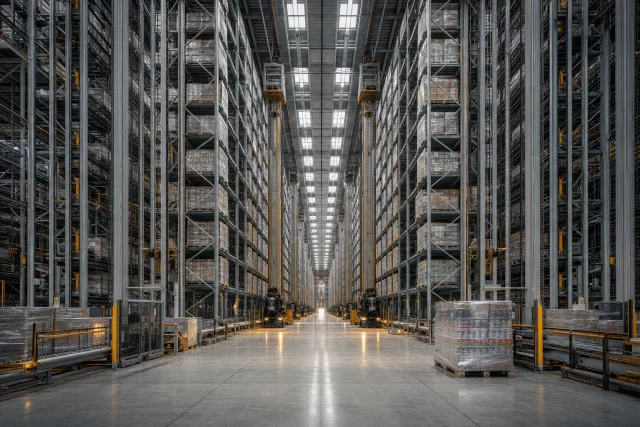 Intérieur d’un entrepôt automatisé AS/RS monumental, vu comme une nef de cathédrale, illustrant la rigueur de traçabilité nécessaire pour contester des pénalités logistiques.
