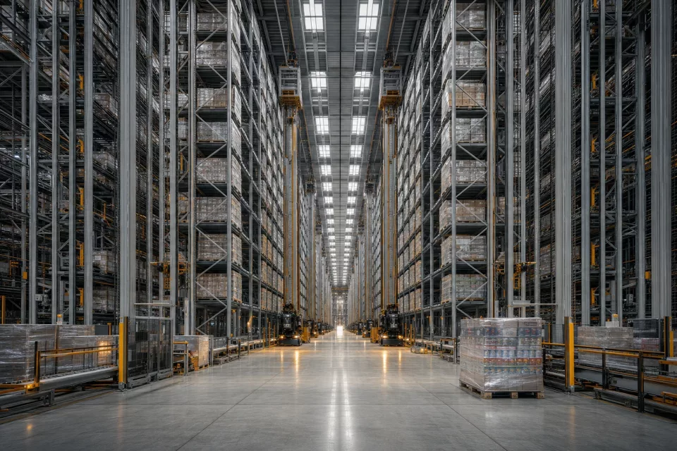 Intérieur d’un entrepôt automatisé AS/RS monumental, vu comme une nef de cathédrale, illustrant la rigueur de traçabilité nécessaire pour contester des pénalités logistiques.