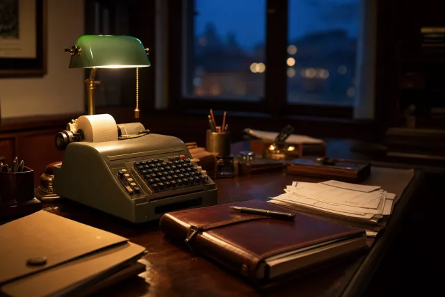 Bureau comptable classique au crépuscule avec lampe banquier verte, calculatrice à ruban et registre relié, illustrant les sanctions de la facturation électronique et les enjeux de conformité.