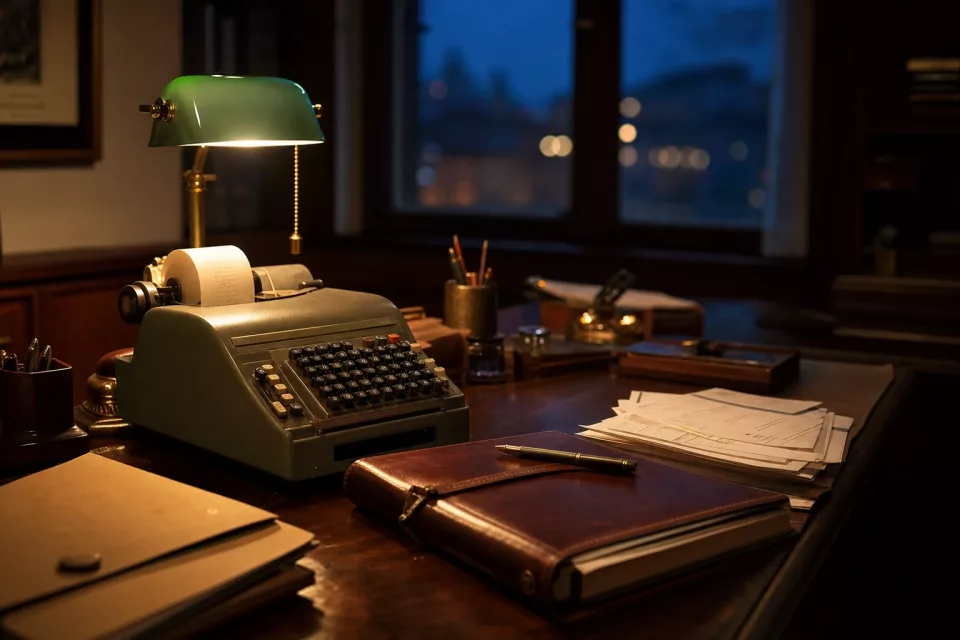 Bureau comptable classique au crépuscule avec lampe banquier verte, calculatrice à ruban et registre relié, illustrant les sanctions de la facturation électronique et les enjeux de conformité.