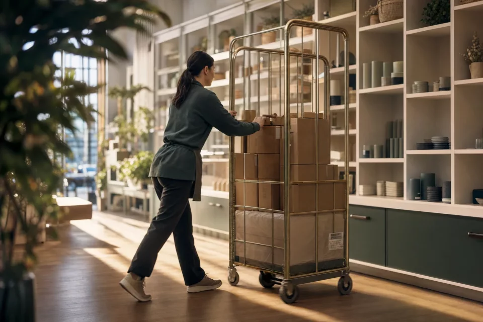 Une employée pousse un rollcage de réassort dans un magasin calme à l’ouverture, sous une lumière matinale dorée, illustrant l’expédition depuis le magasin dans une logique ship from store.