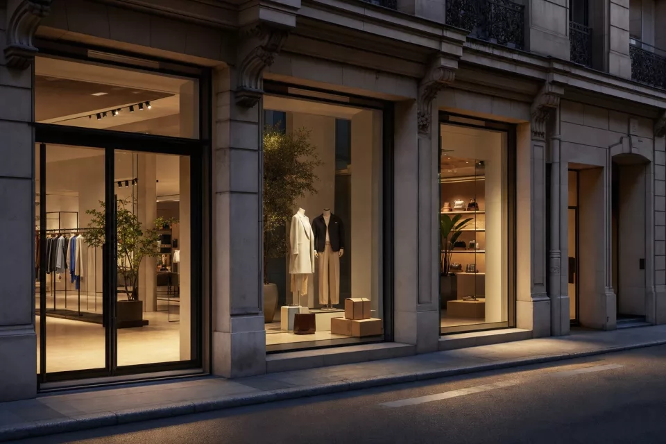 Vitrine de magasin élégante au crépuscule, avec une lumière intérieure chaude et quelques colis de retrait discrets, évoquant une supply chain retail omnicanale.