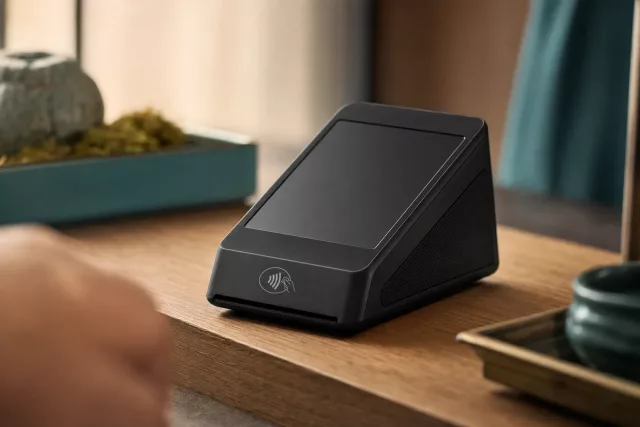 Gros plan sur un terminal de paiement noir posé sur un comptoir en chêne, illustrant la continuité des flux lors d’un changement de plateforme agréée.