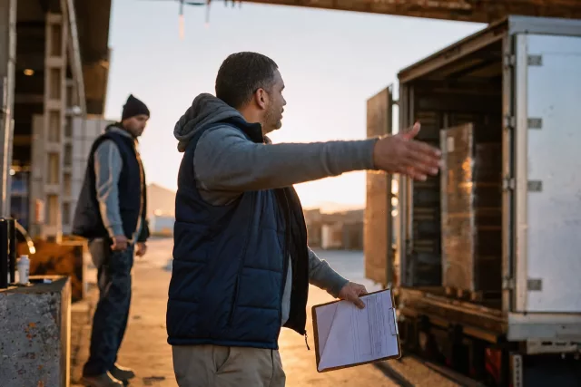 Sur un quai de chargement au coucher du soleil, un agent logistique coordonne l’expédition d’une marchandise vers un camion ouvert, dans une ambiance réaliste évoquant le contrôle des factures transport.