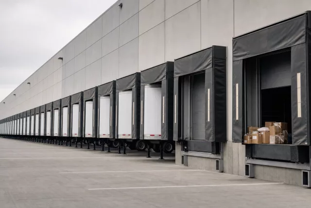 Rangée de quais logistiques avec semi-remorques et colis de mode retournés, illustrant le coût d’un retour e-commerce et l’arbitrage avant remise en stock.