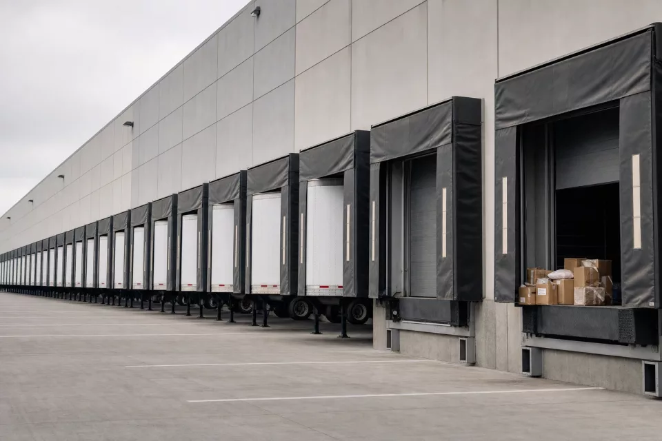 Rangée de quais logistiques avec semi-remorques et colis de mode retournés, illustrant le coût d’un retour e-commerce et l’arbitrage avant remise en stock.