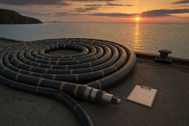 Grande couronne de câble sous-marin sur un quai côtier au crépuscule, évoquant la fiabilité des prévisions et la coordination des échanges supply chain.