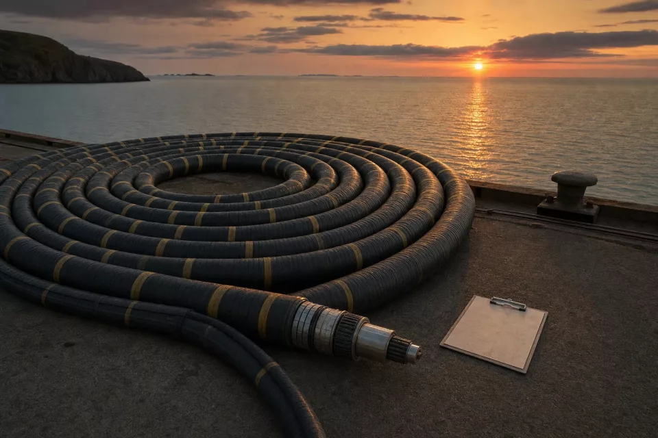 Grande couronne de câble sous-marin sur un quai côtier au crépuscule, évoquant la fiabilité des prévisions et la coordination des échanges supply chain.