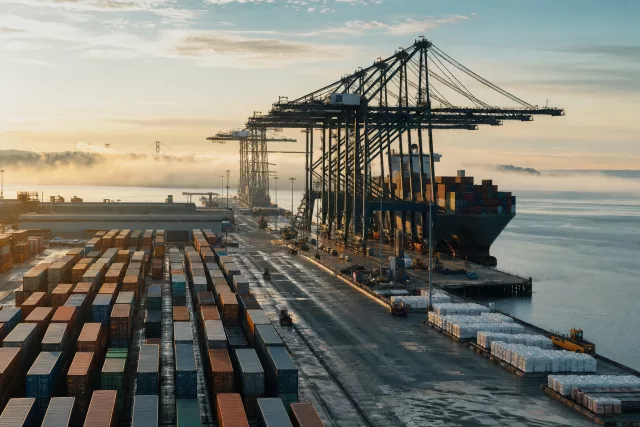 Vue panoramique d’un terminal à conteneurs à l’aube, illustrant la gestion des flux et la construction d’une grille tarifaire logistique pour les prestataires 3PL.