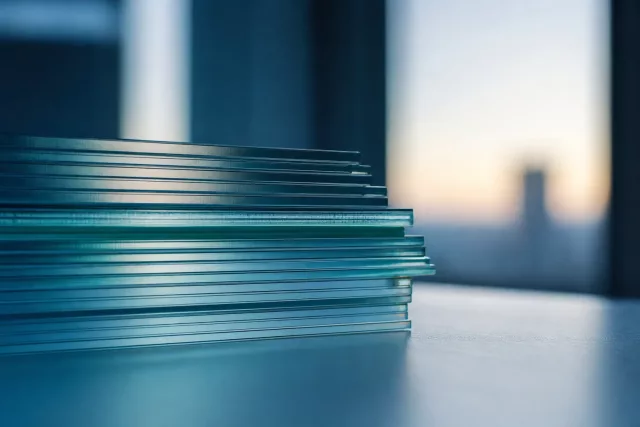 Empilement précis de plaques de verre transparent vues de profil à l’heure bleue, évoquant le typage des acomptes, avoirs et factures rectificatives dans le format socle de la facture électronique.