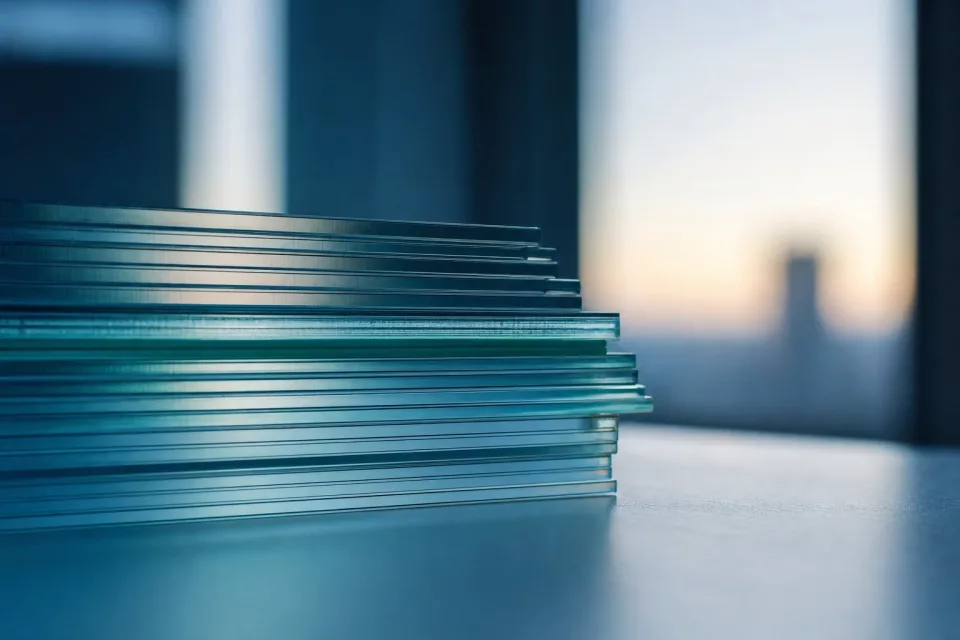 Empilement précis de plaques de verre transparent vues de profil à l’heure bleue, évoquant le typage des acomptes, avoirs et factures rectificatives dans le format socle de la facture électronique.
