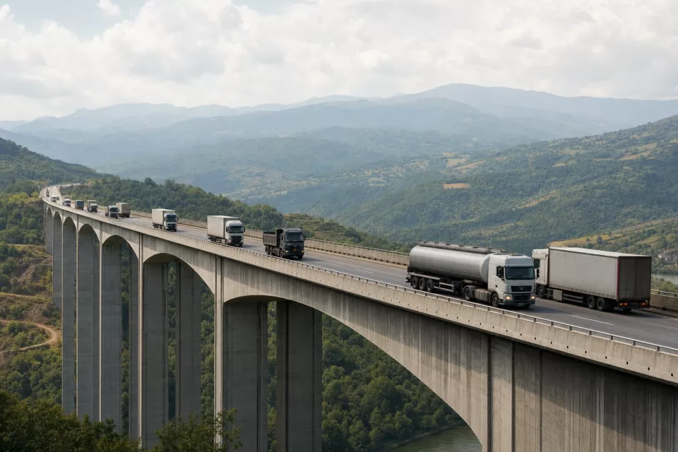 Poids lourds traversant un viaduc en plein jour, illustrant le flux de marchandises et le contrôle de l’indexation gazole transport.