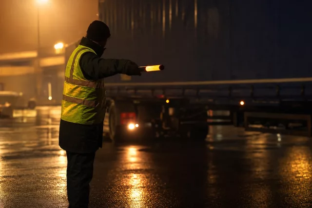 Un agent de quai guide de nuit la manœuvre d’une semi-remorque avec un bâton lumineux, illustrant les enjeux de maîtrise opérationnelle dans le choix entre internalisation et externalisation logistique.