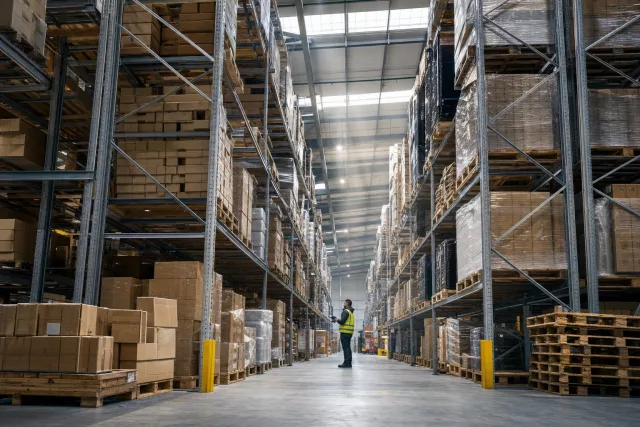 Vue en contre-plongée d’une allée de centre de fulfilment multi-clients avec rayonnages hauts et un opérateur qui scanne un carton, illustrant l’inventaire tournant et la fiabilité de stock.