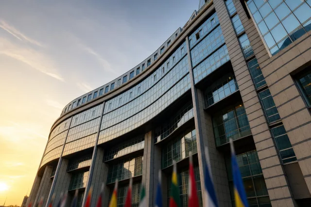 Façade incurvée en verre et acier d’une institution européenne à l’aube, évoquant le cadre réglementaire et la traçabilité du numéro DDS EUDR dans les flux EDI et les stocks.
