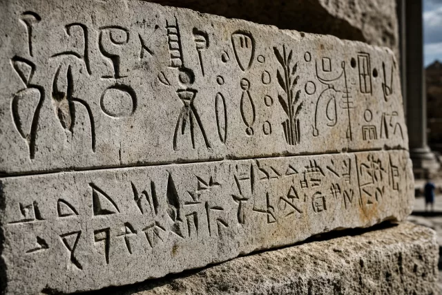 Gros plan éditorial sur une stèle de pierre gravée de signes abstraits superposés, illustrant la traduction des données et le taux de commandes automatisées sans reprise manuelle ADV.