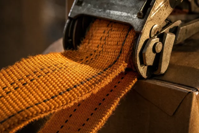 Macro d’une sangle d’arrimage orange et de sa boucle à cliquet sur un carton mis en quarantaine, évoquant un test de rappel de lot et la traçabilité en entrepôt.