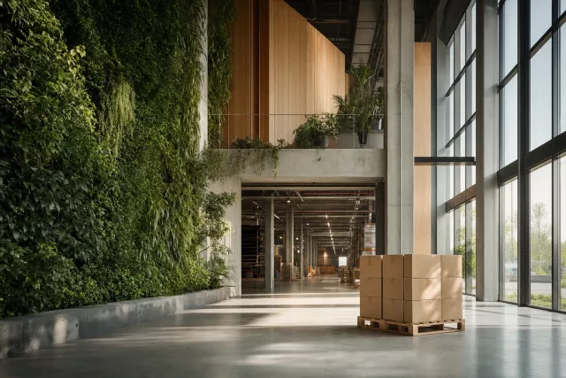 Hall logistique moderne avec mur végétal vivant, lumière naturelle et palette minérale, illustrant une approche structurée du SLA logistique et des KPI 3PL.