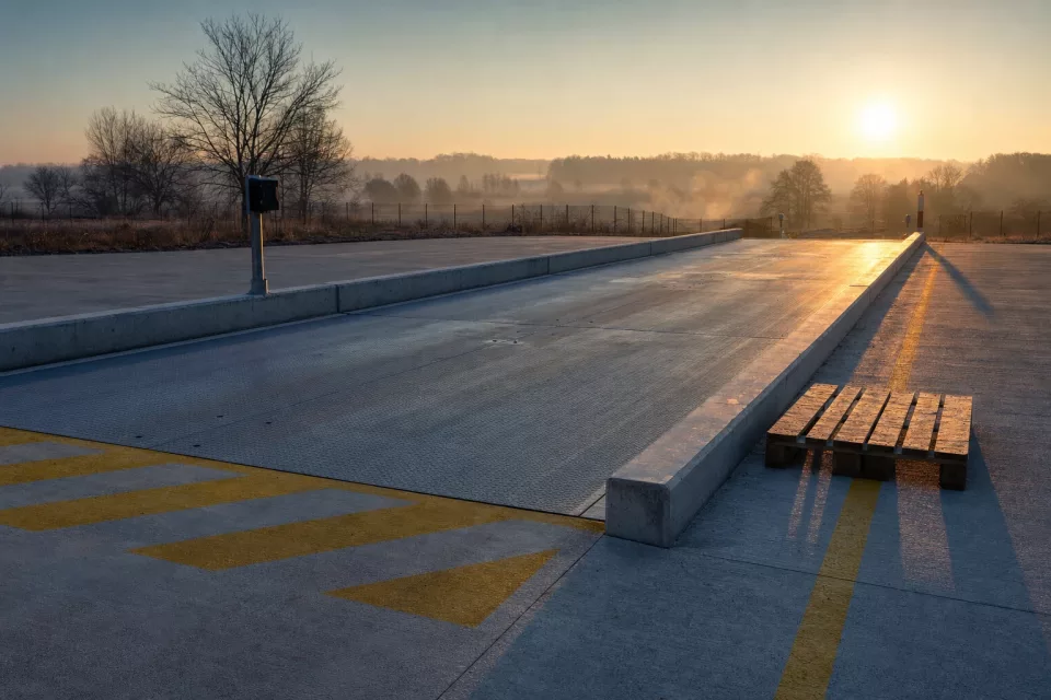 Pont-bascule en acier vide à l’aube, avec une palette Europe posée à côté de la plateforme, évoquant le contrôle et le rapprochement d’un compte palettes.
