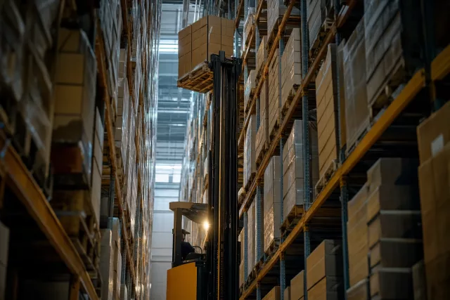 Chariot à mât rétractable opérant en hauteur dans une allée étroite pour illustrer le diagnostic d’un écart de stock entre ERP et WMS.