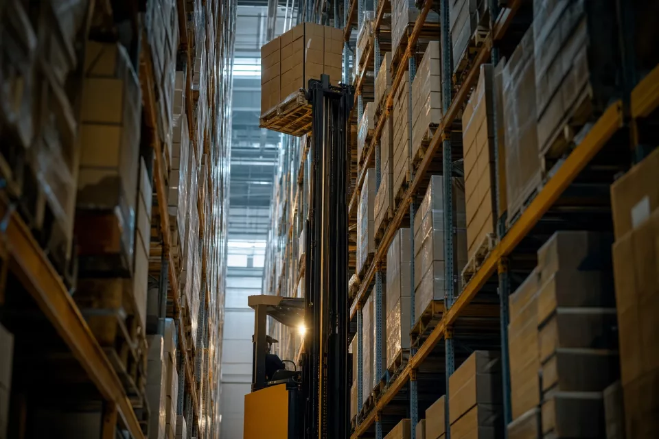 Chariot à mât rétractable opérant en hauteur dans une allée étroite pour illustrer le diagnostic d’un écart de stock entre ERP et WMS.