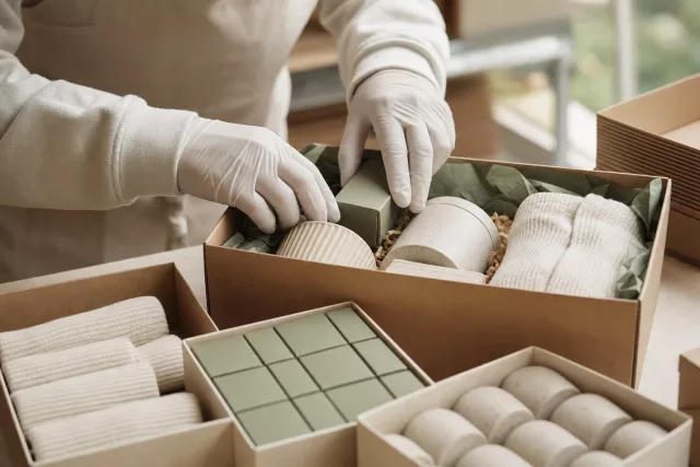 Mains gantées assemblant un kit multi-produits sur un poste de copacking, avec des composants regroupés pour illustrer la segmentation ABC-XYZ et l’optimisation des stocks.