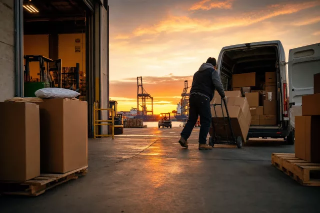 Opérateur chargeant des colis e-commerce dans un fourgon au quai d’expédition, une scène illustrant la préparation collaborative d’un pic omnicanal et le respect des contraintes logistiques.